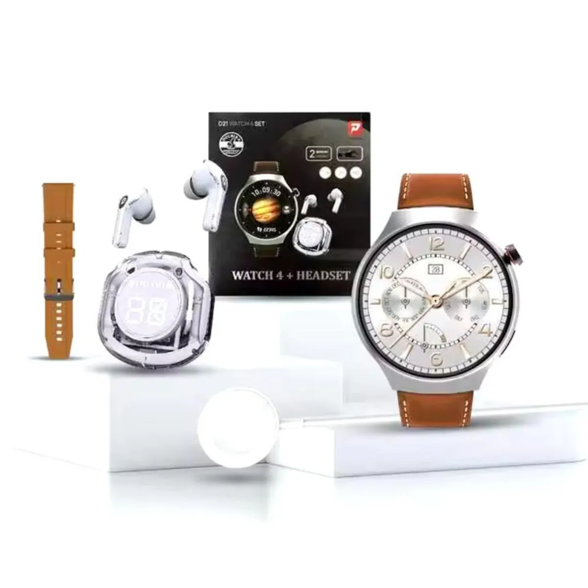 GENERICO - Reloj smartwatch unisex pack + audífonos + correa de cuero extra