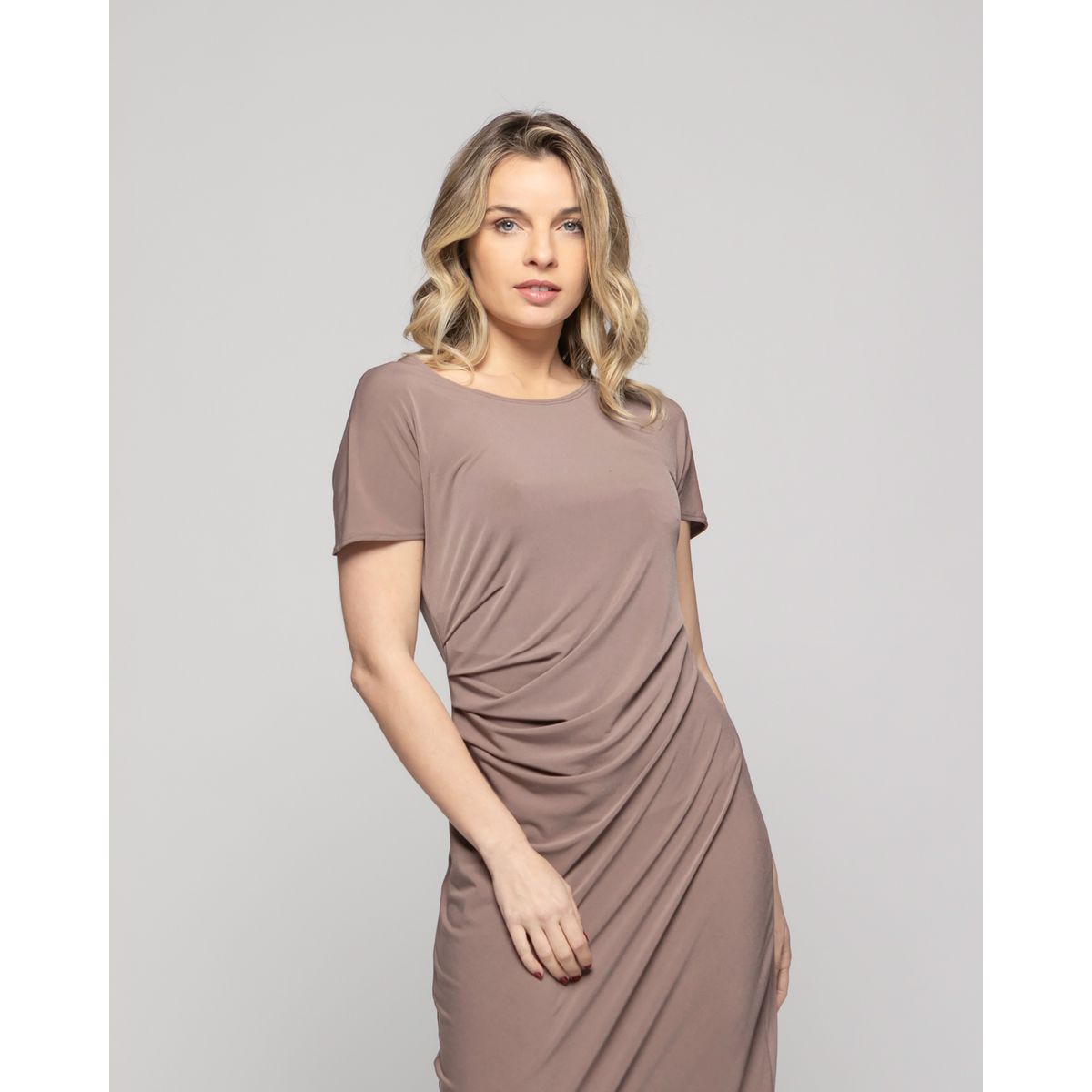 LUDOVICA - Vestido Mujer Alelí Midi Manga Corta Drapeado En Cintura Café Taupe Ludovica