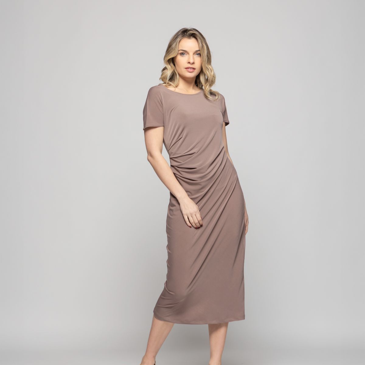 LUDOVICA - Vestido Mujer Alelí Midi Manga Corta Drapeado En Cintura Café Taupe Ludovica