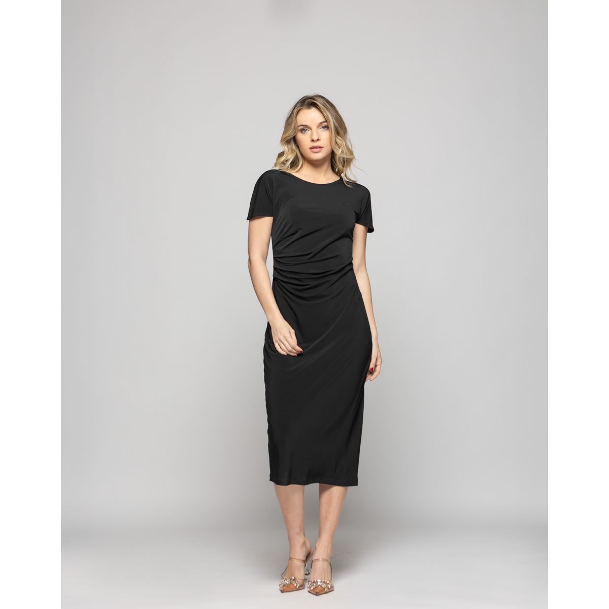 LUDOVICA - Vestido Mujer Alelí Midi Manga Corta Drapeado En Cintura Negro Ludovica