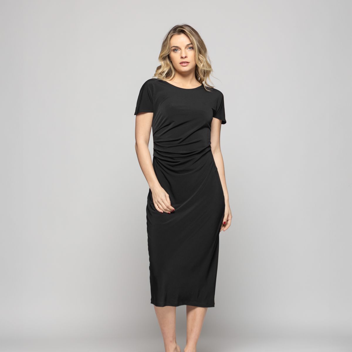 LUDOVICA - Vestido Mujer Alelí Midi Manga Corta Drapeado En Cintura Negro Ludovica