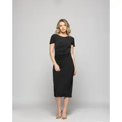 LUDOVICA - Vestido Mujer Alelí Midi Manga Corta Drapeado En Cintura Negro