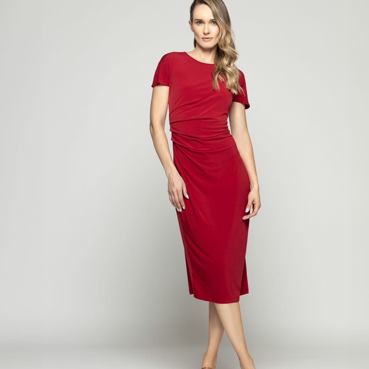 LUDOVICA - Vestido Mujer Alelí Midi Manga Corta Drapeado En Cintura Rojo Ludovica