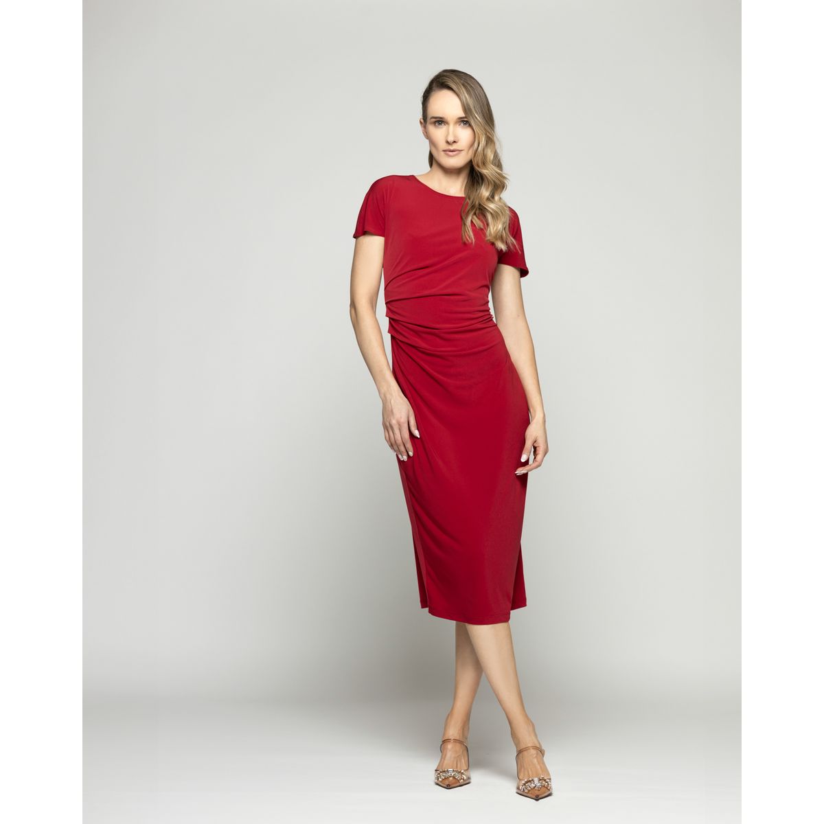 LUDOVICA - Vestido Mujer Alelí Midi Manga Corta Drapeado En Cintura Rojo Ludovica