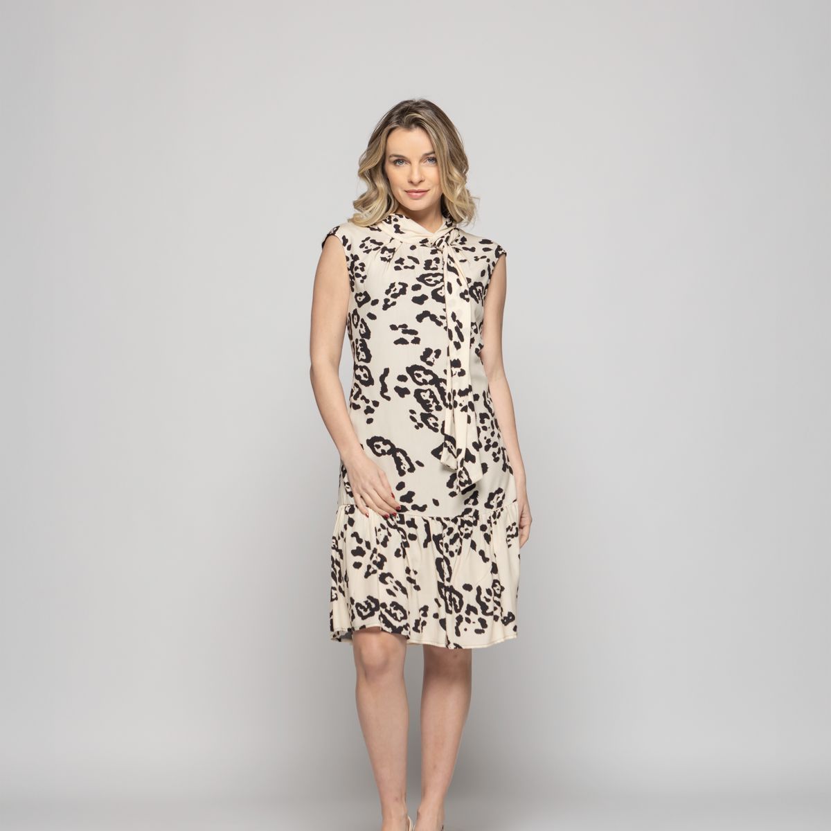 LUDOVICA - Vestido Mujer Geranio Corto Con Lazo Animal Print Beige Ludovica