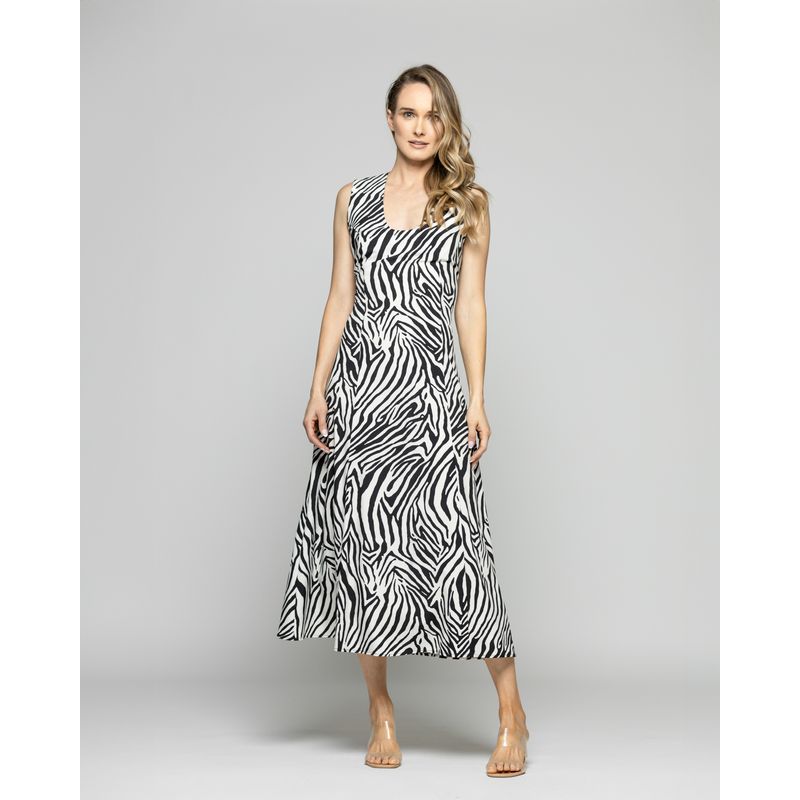LUDOVICA - Vestido Mujer Vanda Midi Sin Mangas Animal Print Cebra Blanco Y Negro