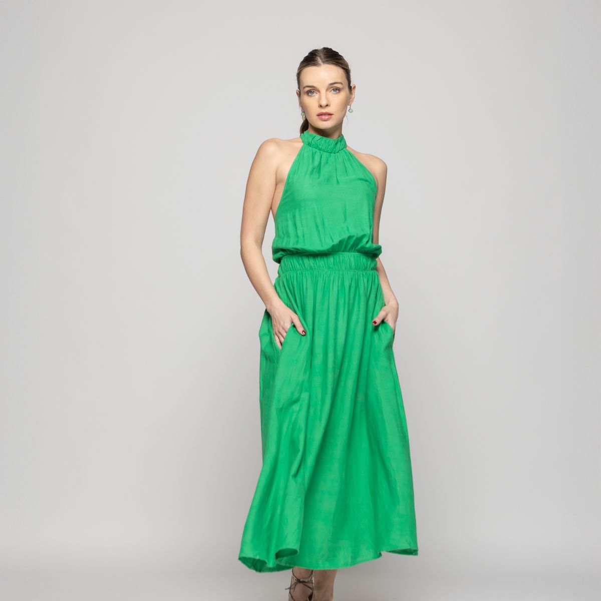 LUDOVICA - Vestido Mujer Gerbera Largo Escote Halter Cintura Ajustada Verde Ludovica