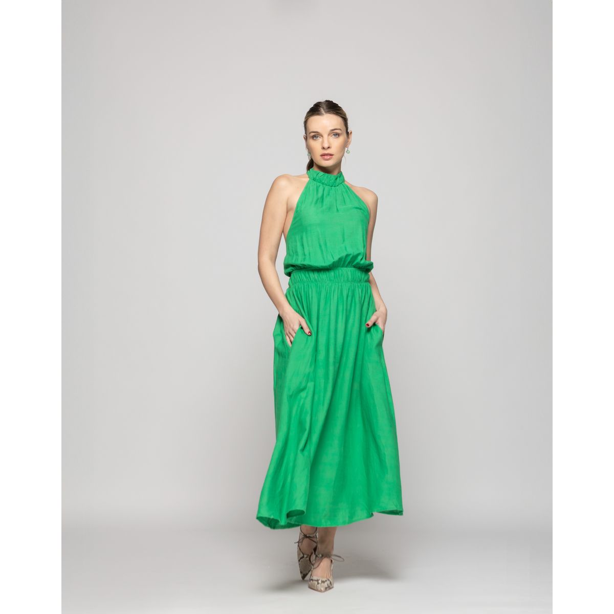 LUDOVICA - Vestido Mujer Gerbera Largo Escote Halter Cintura Ajustada Verde Ludovica