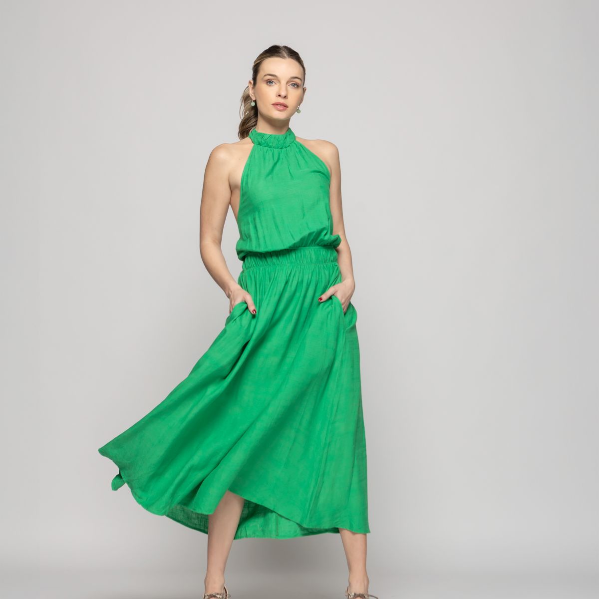 LUDOVICA - Vestido Mujer Gerbera Largo Escote Halter Cintura Ajustada Verde Ludovica