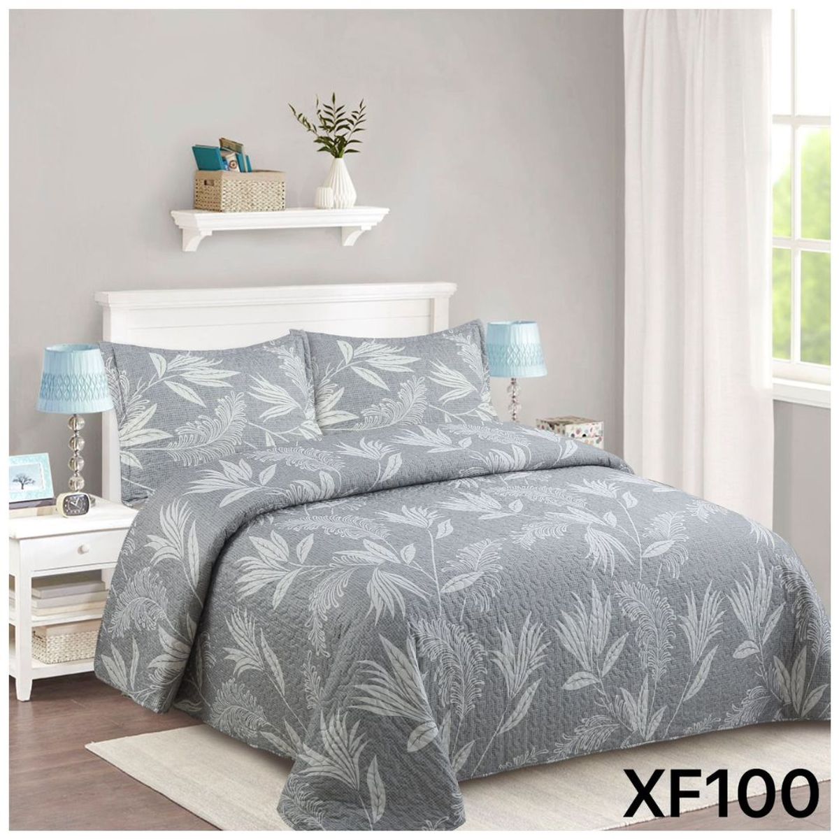 GENERICO - Cubrecama Quilt Verano 2 Plazas - Gris Hojas XF100