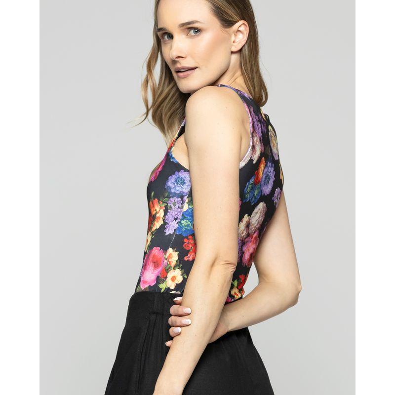 LUDOVICA - Body Mujer Lantana Escote Redondo Sin Mangas Estampado Flores Negro