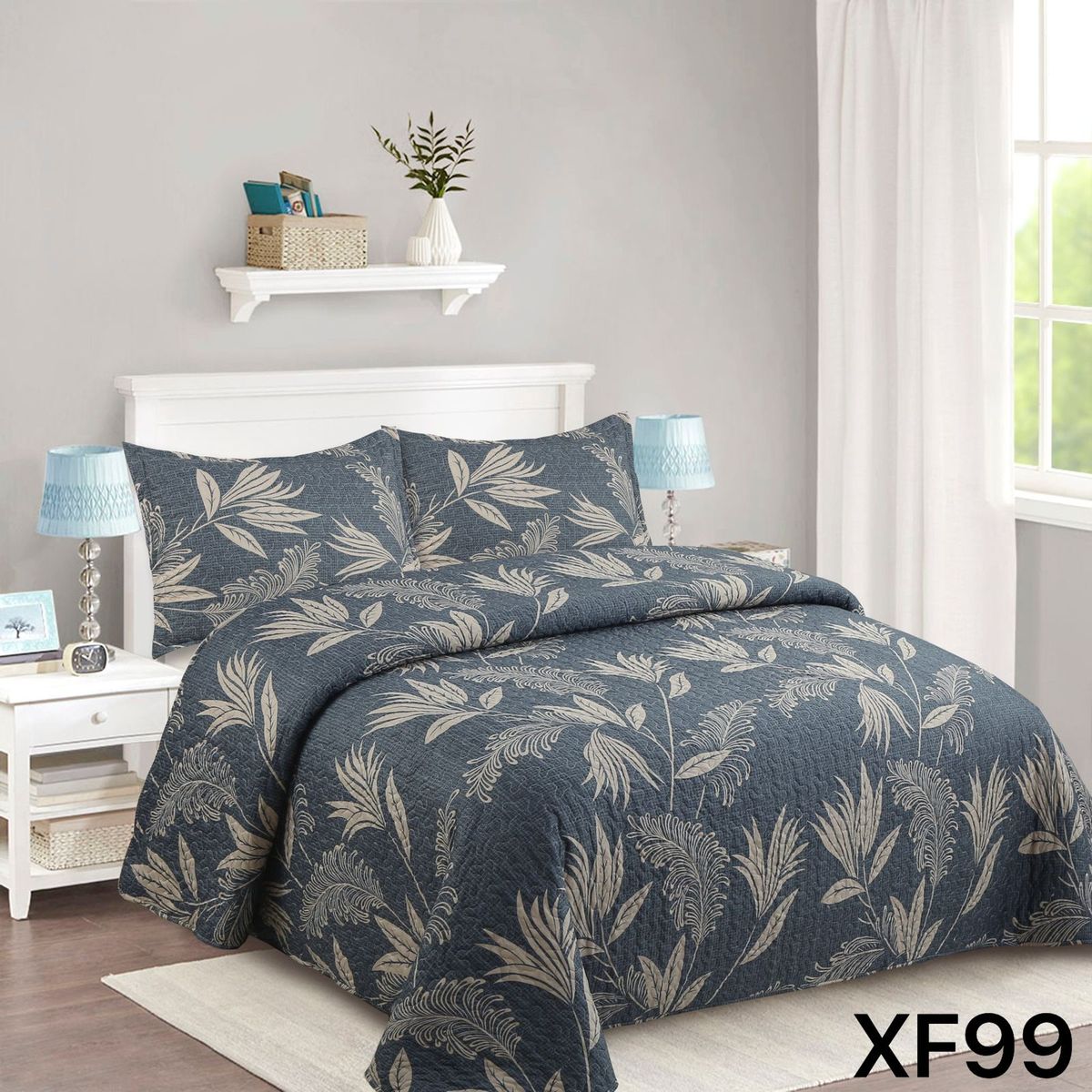 GENERICO - Cubrecama Quilt Verano 2 Plazas - Negro Hojas Doradas XF99