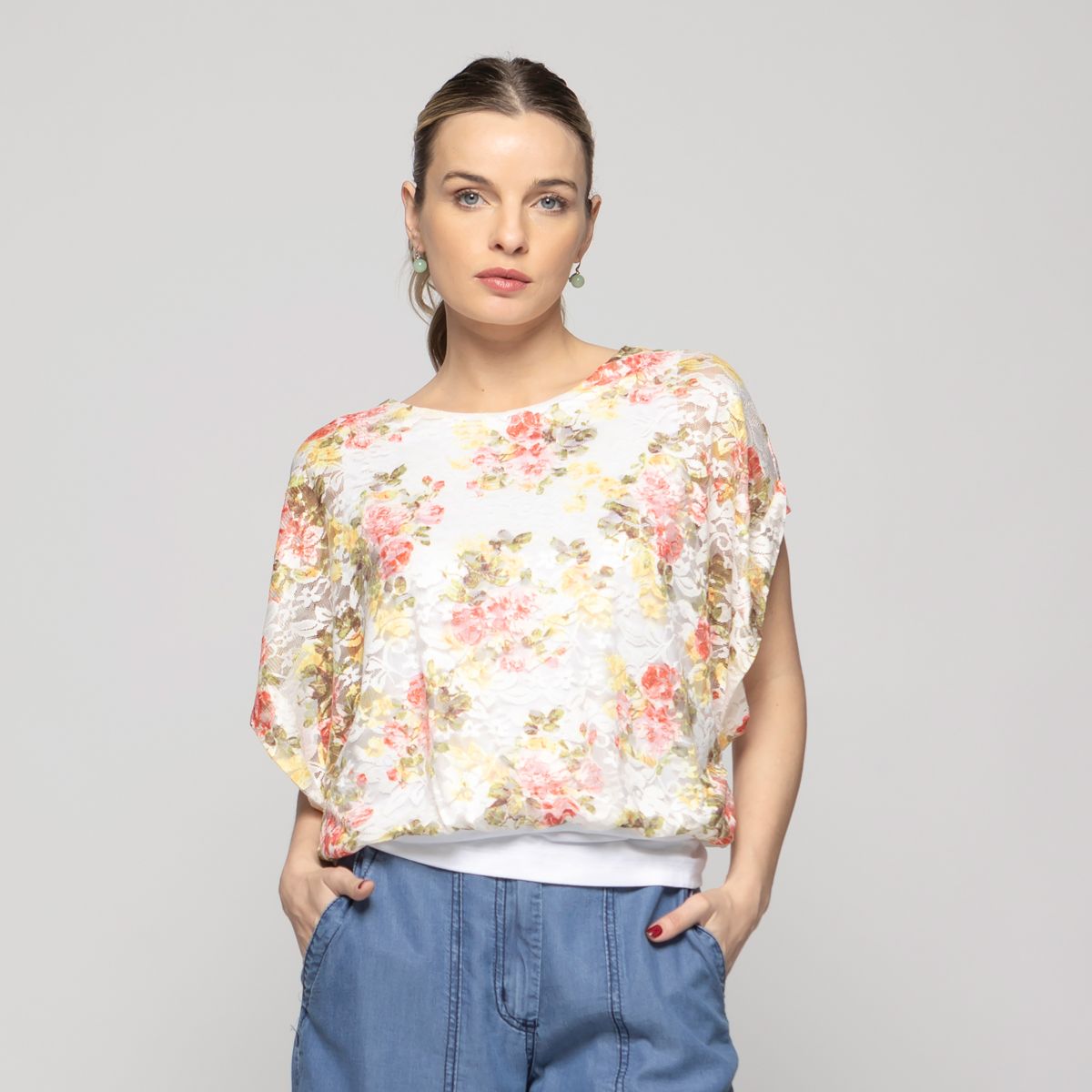 LUDOVICA - Polera Nigella Manga Caída Encaje Floral Rosado Y Blanco Ludovica
