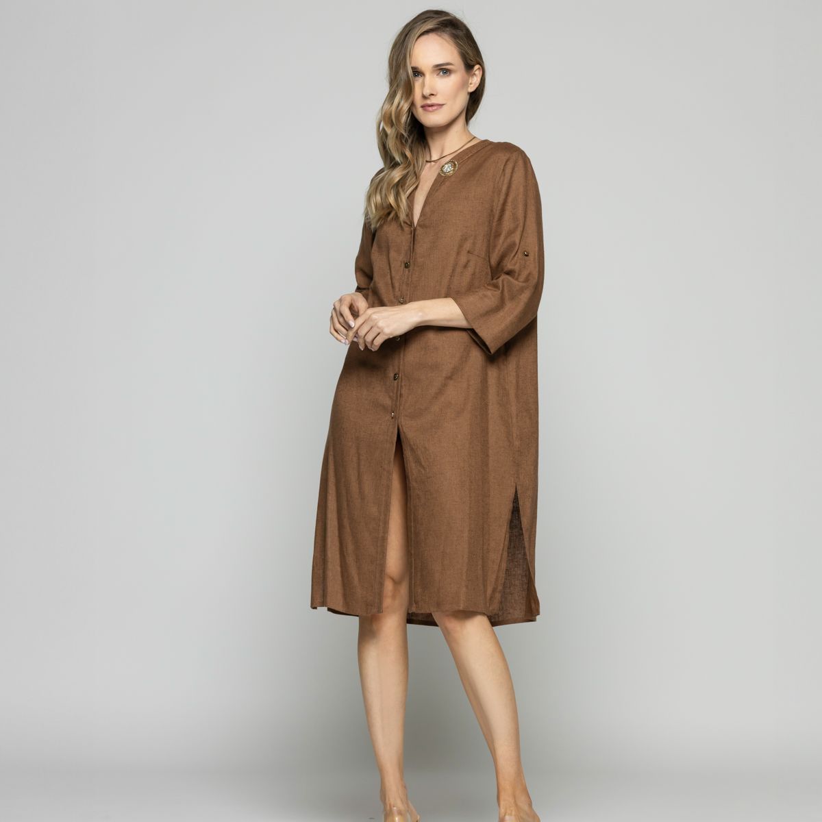 LUDOVICA - Túnica Vestido Mujer Vinca Camisero Cuello Mao Manga 3/4 Café Moka Ludovica