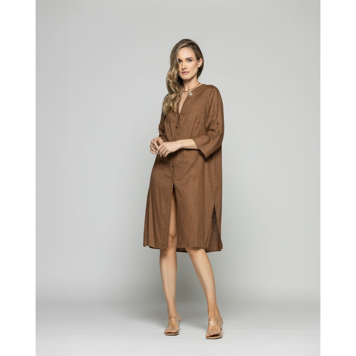 LUDOVICA - Túnica Vestido Mujer Vinca Camisero Cuello Mao Manga 3/4 Café Moka Ludovica