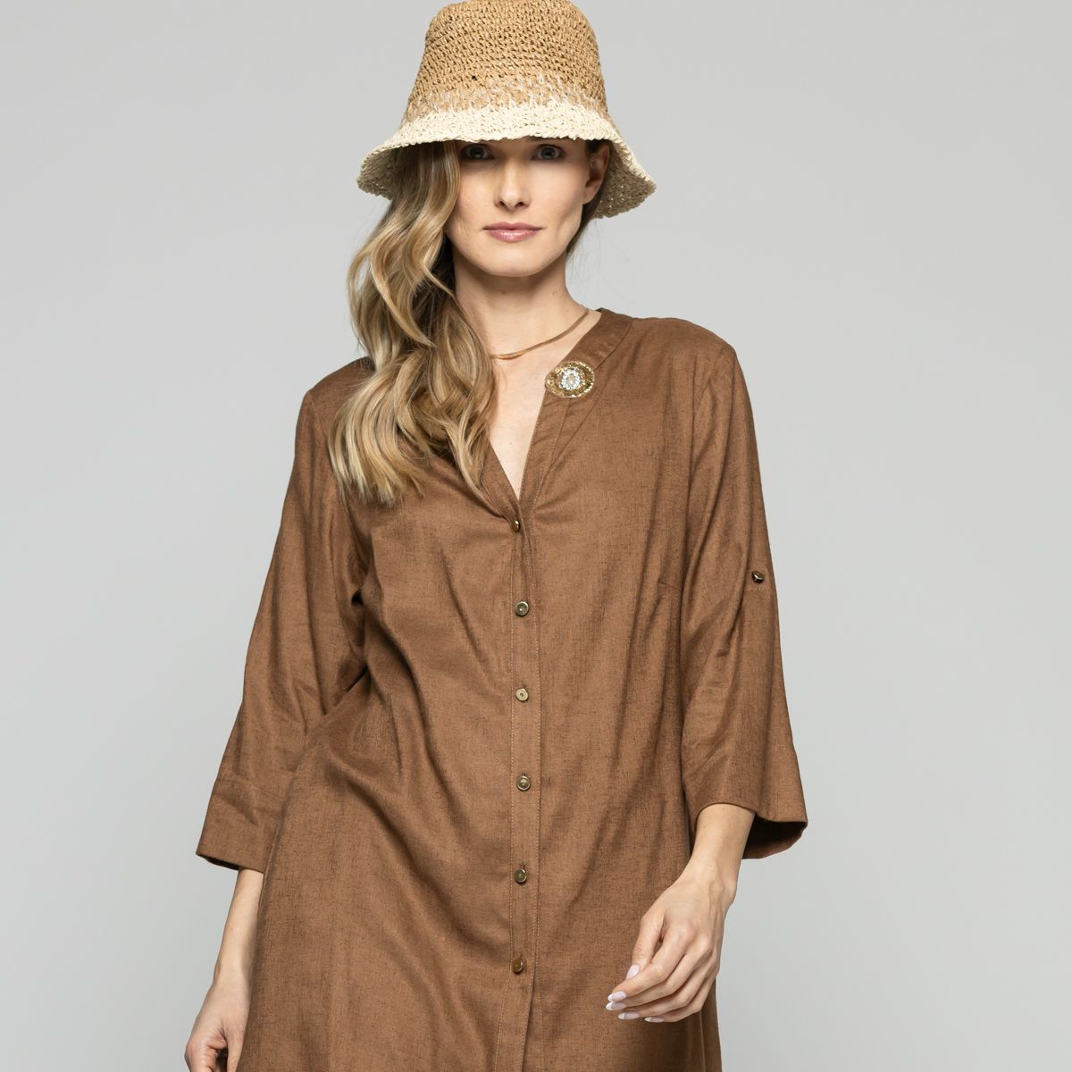 LUDOVICA - Túnica Vestido Mujer Vinca Camisero Cuello Mao Manga 3/4 Café Moka Ludovica