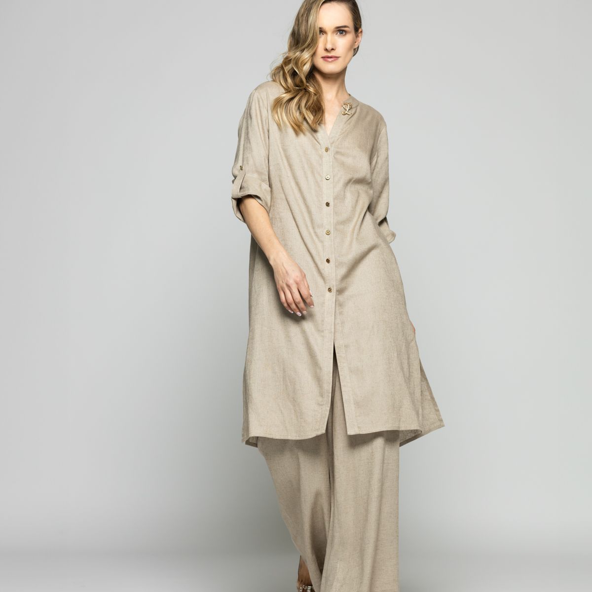 LUDOVICA - Túnica Vestido Mujer Vinca Camisero Cuello Mao Manga 3/4 Beige Ludovica