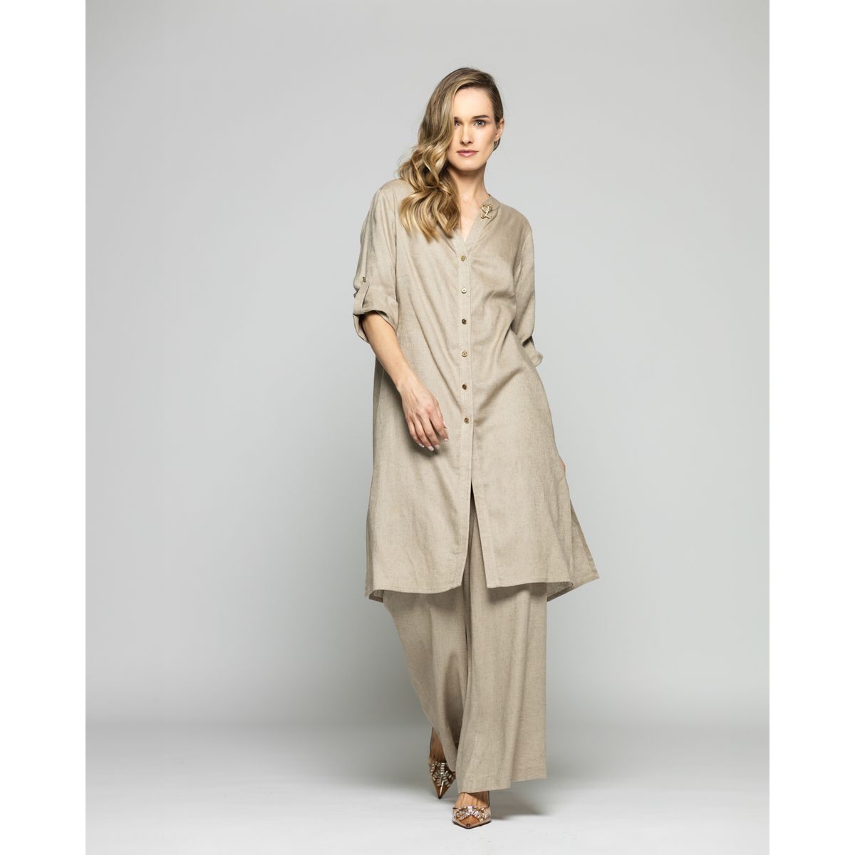 LUDOVICA - Túnica Vestido Mujer Vinca Camisero Cuello Mao Manga 3/4 Beige Ludovica