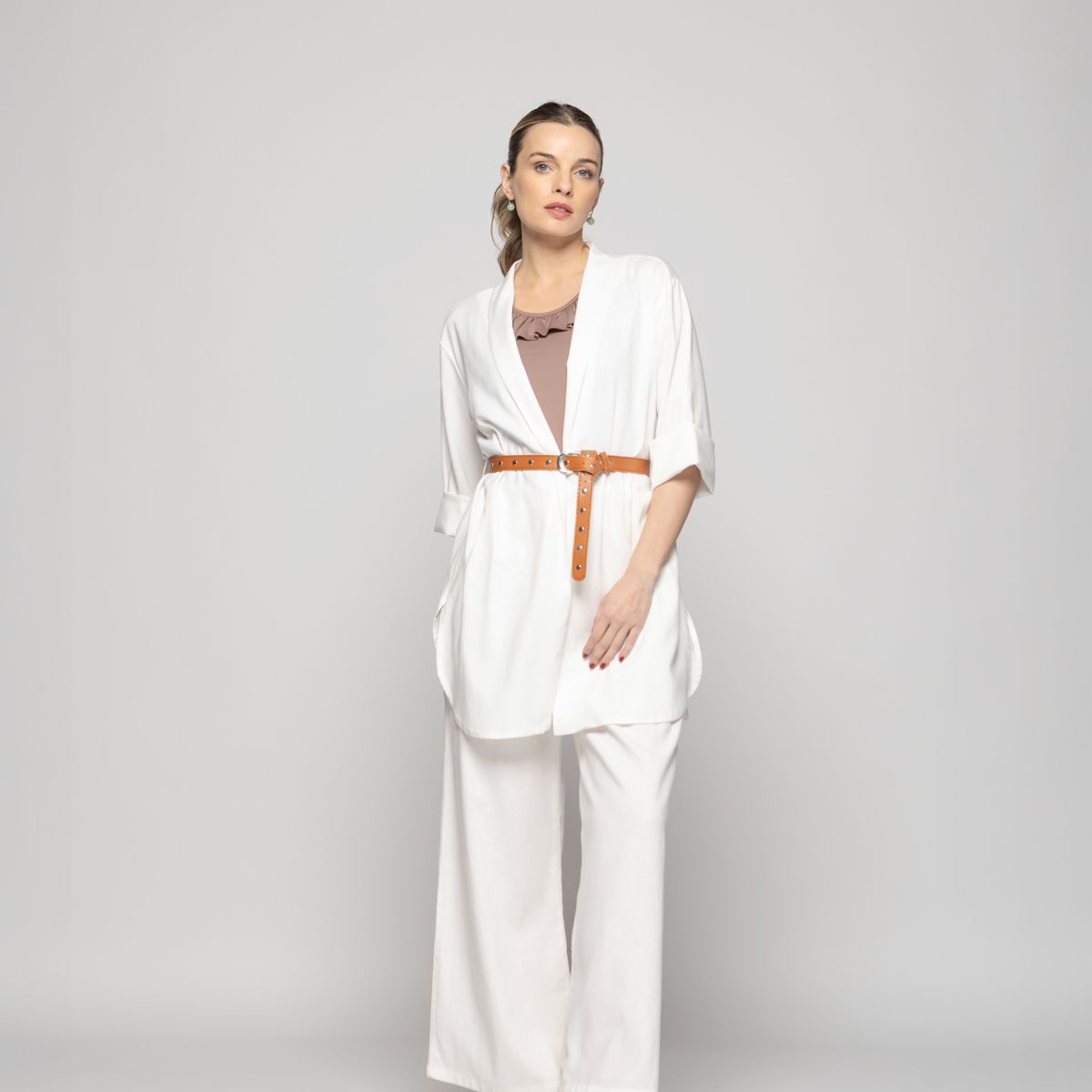 LUDOVICA - Túnica Kimono Mujer Verbena Manga 3/4 Con Cinturón Blanco Crudo Ludovica