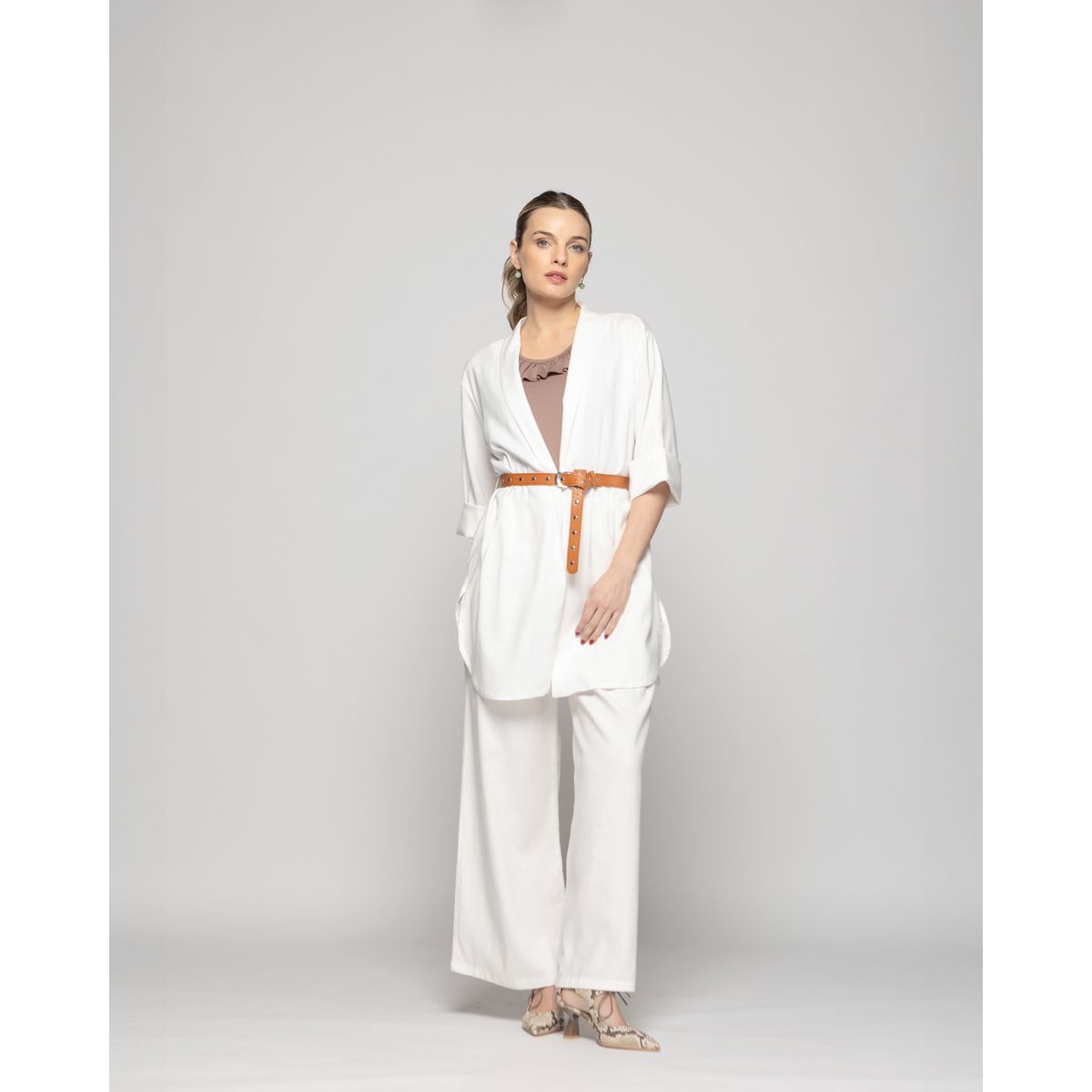 LUDOVICA - Túnica Kimono Mujer Verbena Manga 3/4 Con Cinturón Blanco Crudo Ludovica