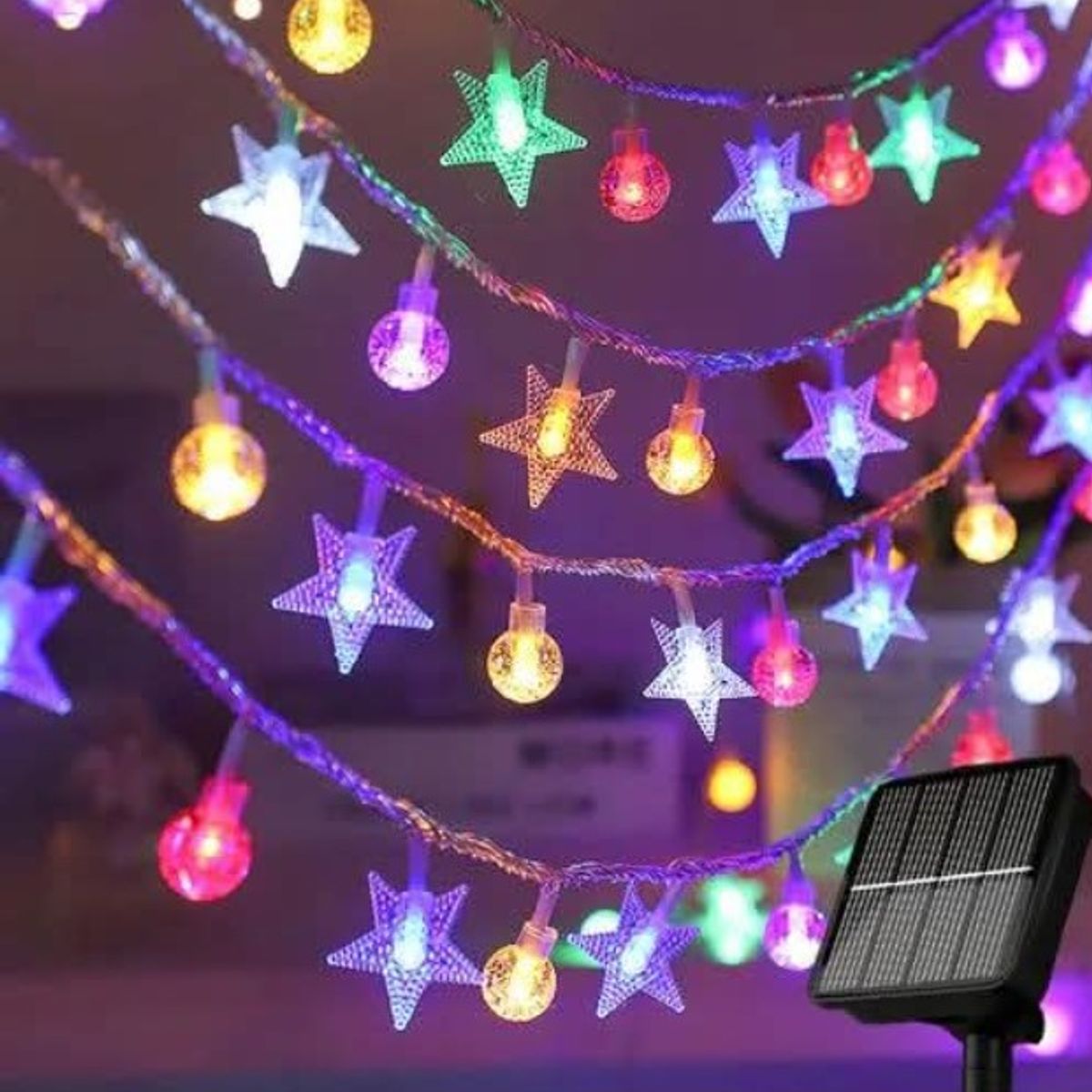 GENERICO - Guirnalda Solar LED Estrellas y Esferas - 5 Metros Multicolor