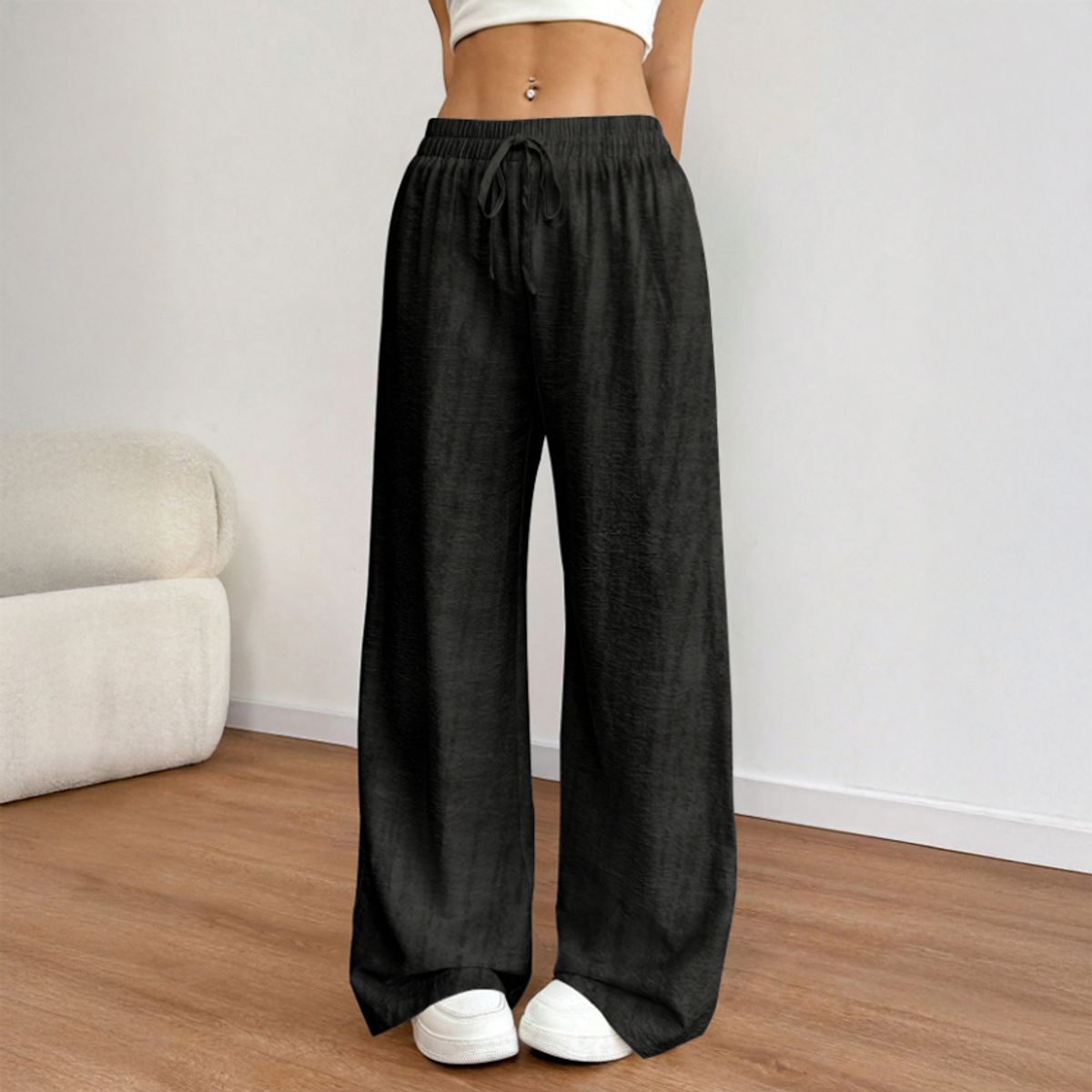 AGW - Pantalón Palazzo Lino Viscosa Tela Liviana Verano Tiro Alto Elasticado