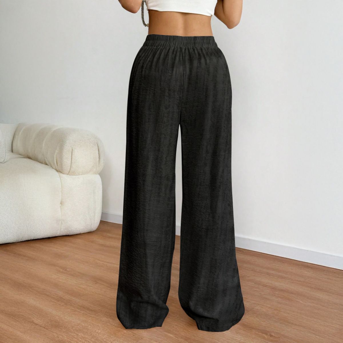 AGW - Pantalón Palazzo Lino Viscosa Tela Liviana Verano Tiro Alto Elasticado