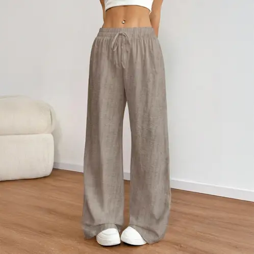 AGW - Pantalón Palazzo Lino Viscosa Tela Liviana Verano Tiro Alto Elasticado