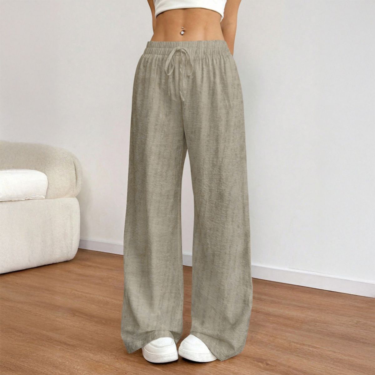 AGW - Pantalón Palazzo Lino Viscosa Tela Liviana Verano Tiro Alto Elasticado
