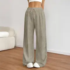 AGW - Pantalón Palazzo Lino Viscosa Tela Liviana Verano Tiro Alto Elasticado