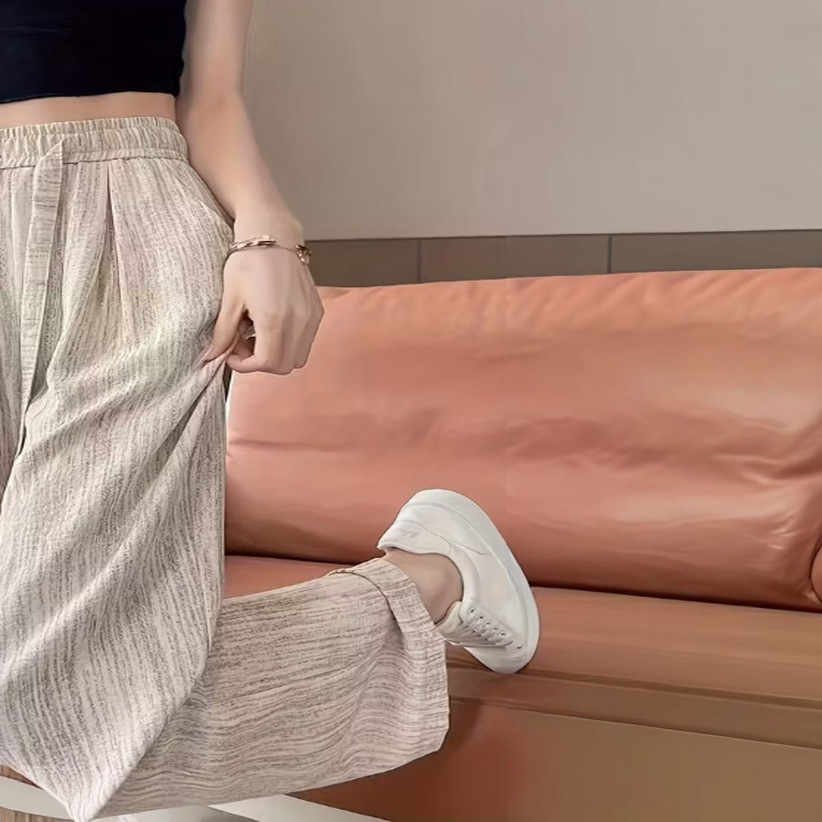 AGW - Pantalón Palazzo Lino Viscosa Tela Liviana Verano Tiro Alto Elasticado