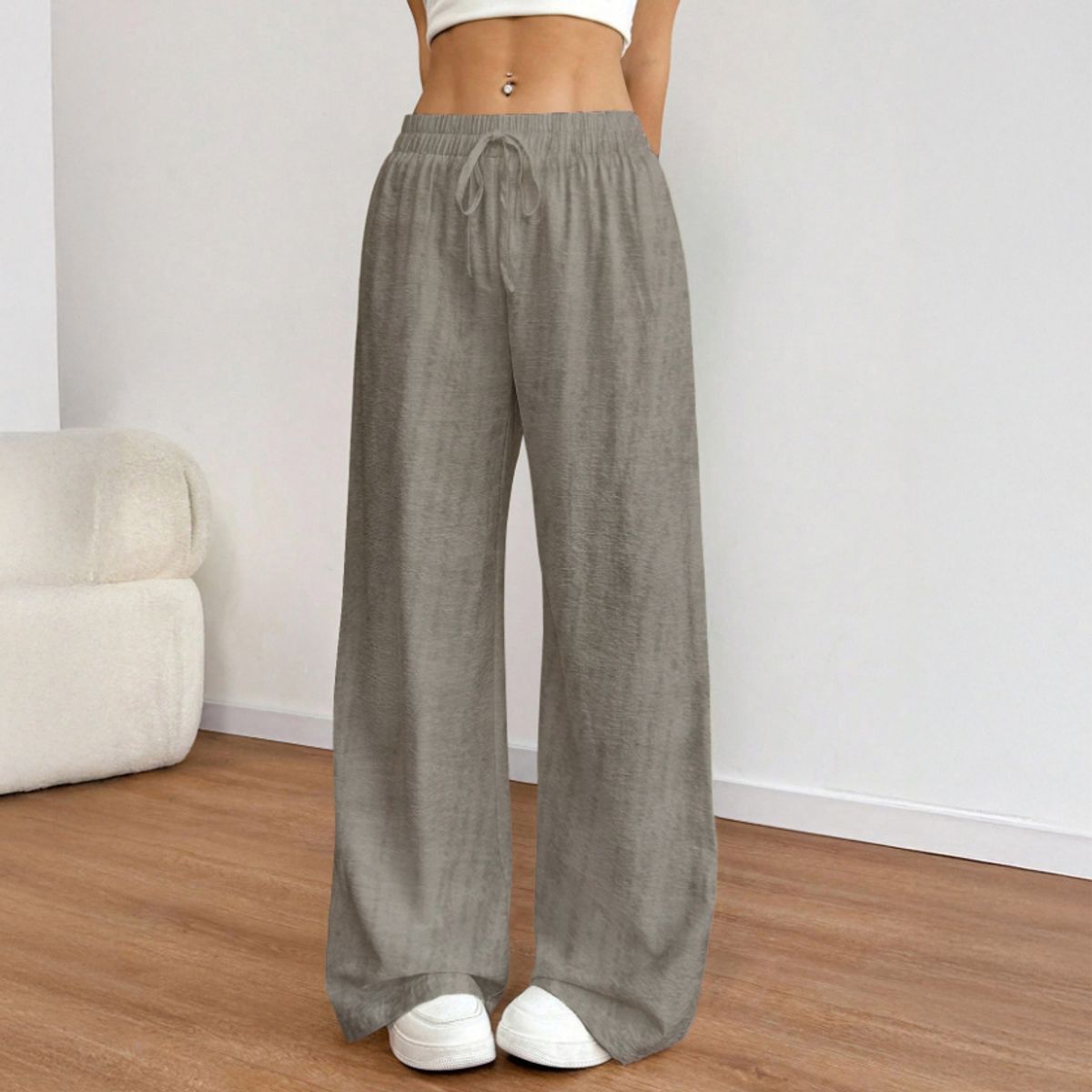 AGW - Pantalón Palazzo Lino Viscosa Tela Liviana Verano Tiro Alto Elasticado