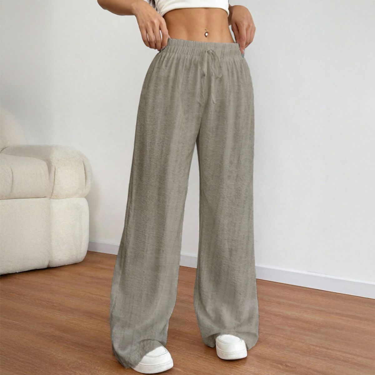 AGW - Pantalón Palazzo Lino Viscosa Tela Liviana Verano Tiro Alto Elasticado