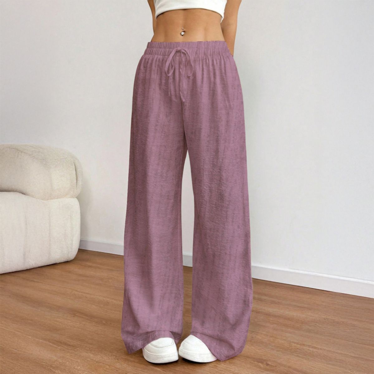 AGW - Pantalón Palazzo Lino Viscosa Tela Liviana Verano Tiro Alto Elasticado