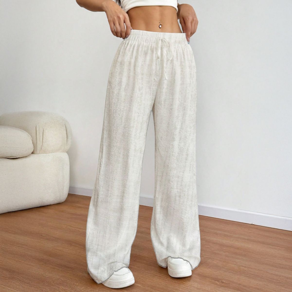 AGW - Pantalón Palazzo Lino Viscosa Tela Liviana Verano Tiro Alto Elasticado