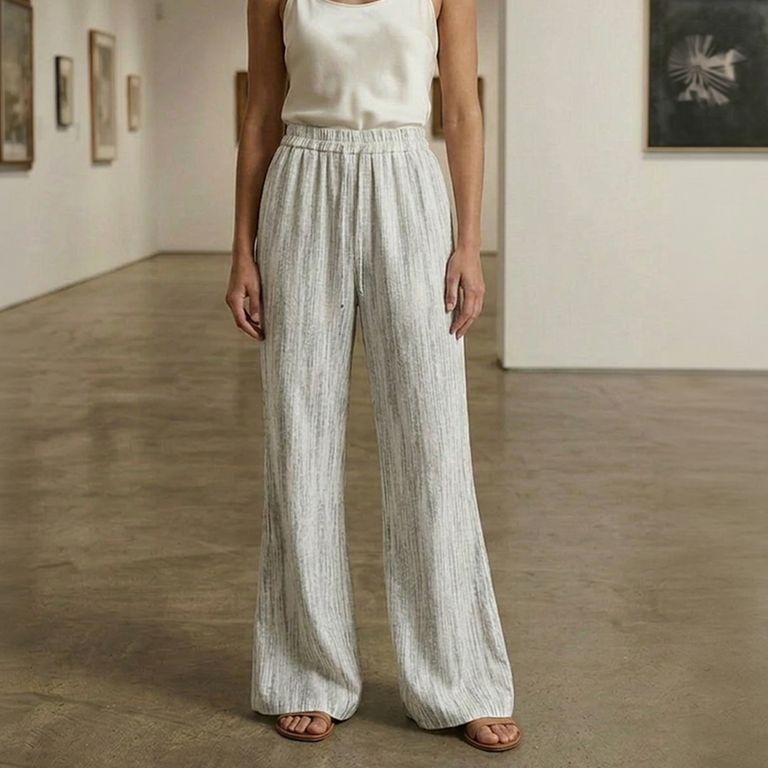 Pantalon Palazzo Lino Viscosa Tela Liviana Verano Tiro Alto Elasticado Blanco S
