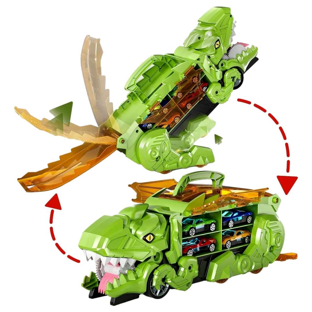 GENERICO - Camion Dino T-rex Transportador 2 En 1, con 3 autos VERDE