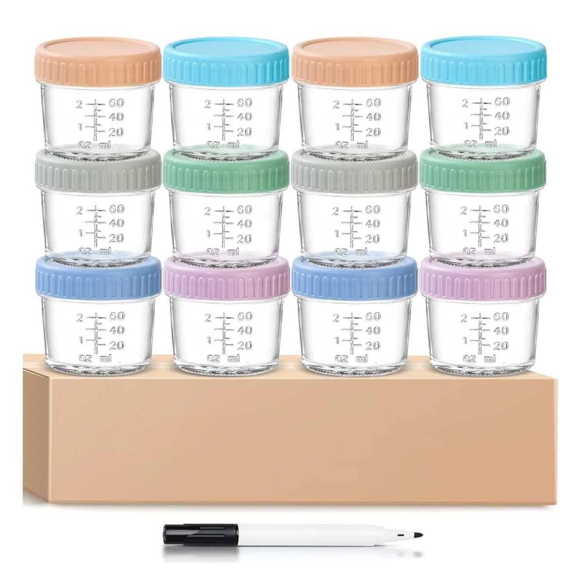 ATURE - 12pc Vaso Bebe Contenedores De Vidrio 120ml+1pc Rotulador
