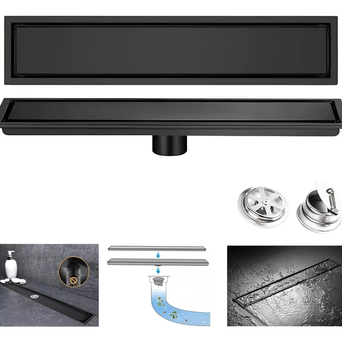 TNAKIEX - Desagüe De Suelo Para Baño De Acero Inoxidable Negro 10x60cm