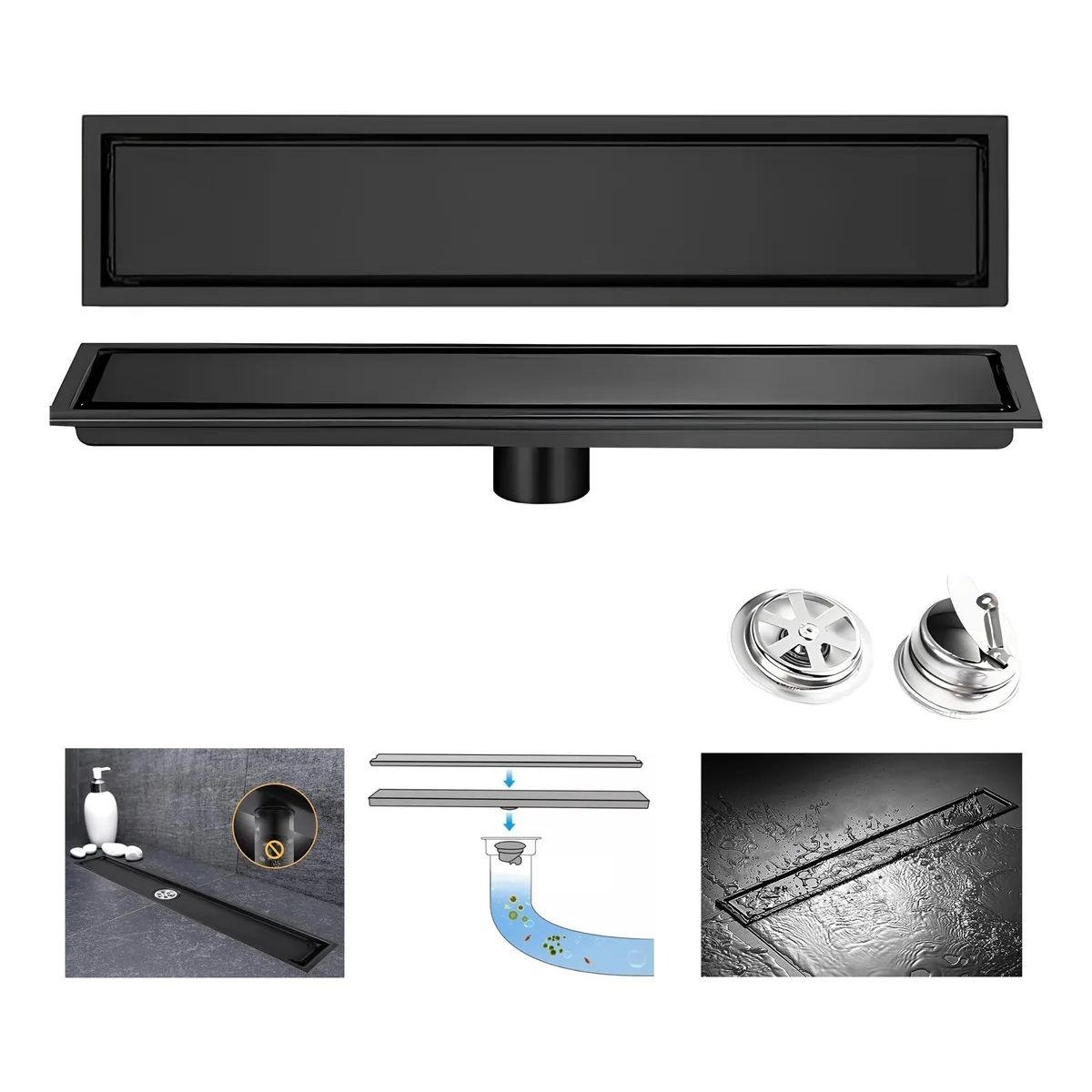 TNAKIEX - Desagüe De Suelo Para Baño De Acero Inoxidable Negro 10x60cm