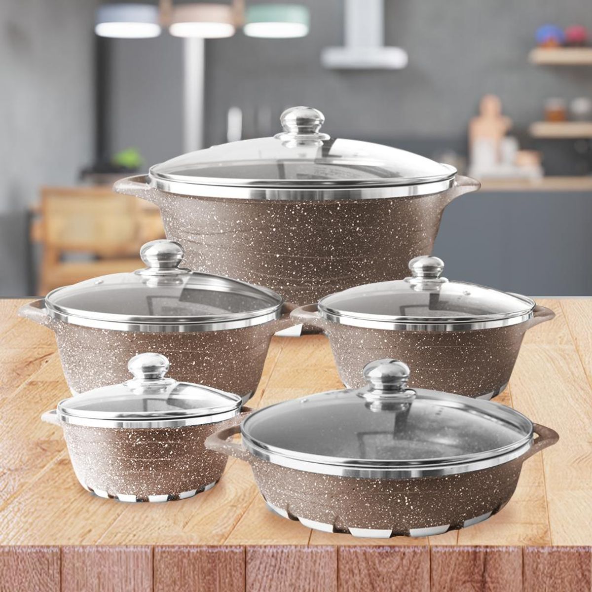 GENERICO - Batería de Cocina 10 Piezas Altas Granito Antiadherente Marron