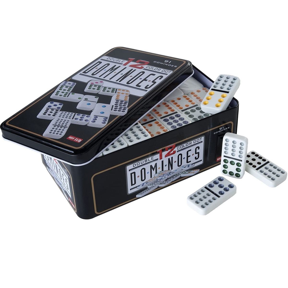 MOVI - DOMINÓ DOBLE 12 CON PUNTOS DE COLORES EN LATA METÁLICA
