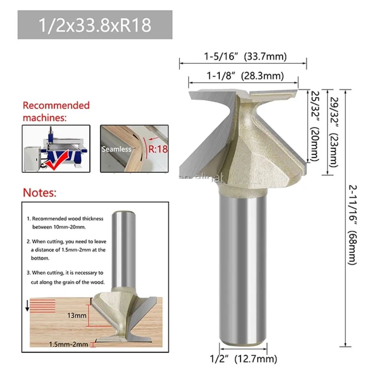 GENERICO - Fresa Madera Esquinas Angulo R18 Cmc Vástago O Toma ½
