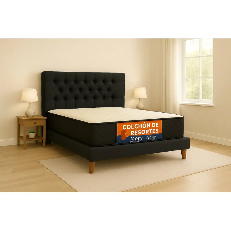GENERICO - Cama Plaza y Media Negro Top Quality + Colchon Mery Desing