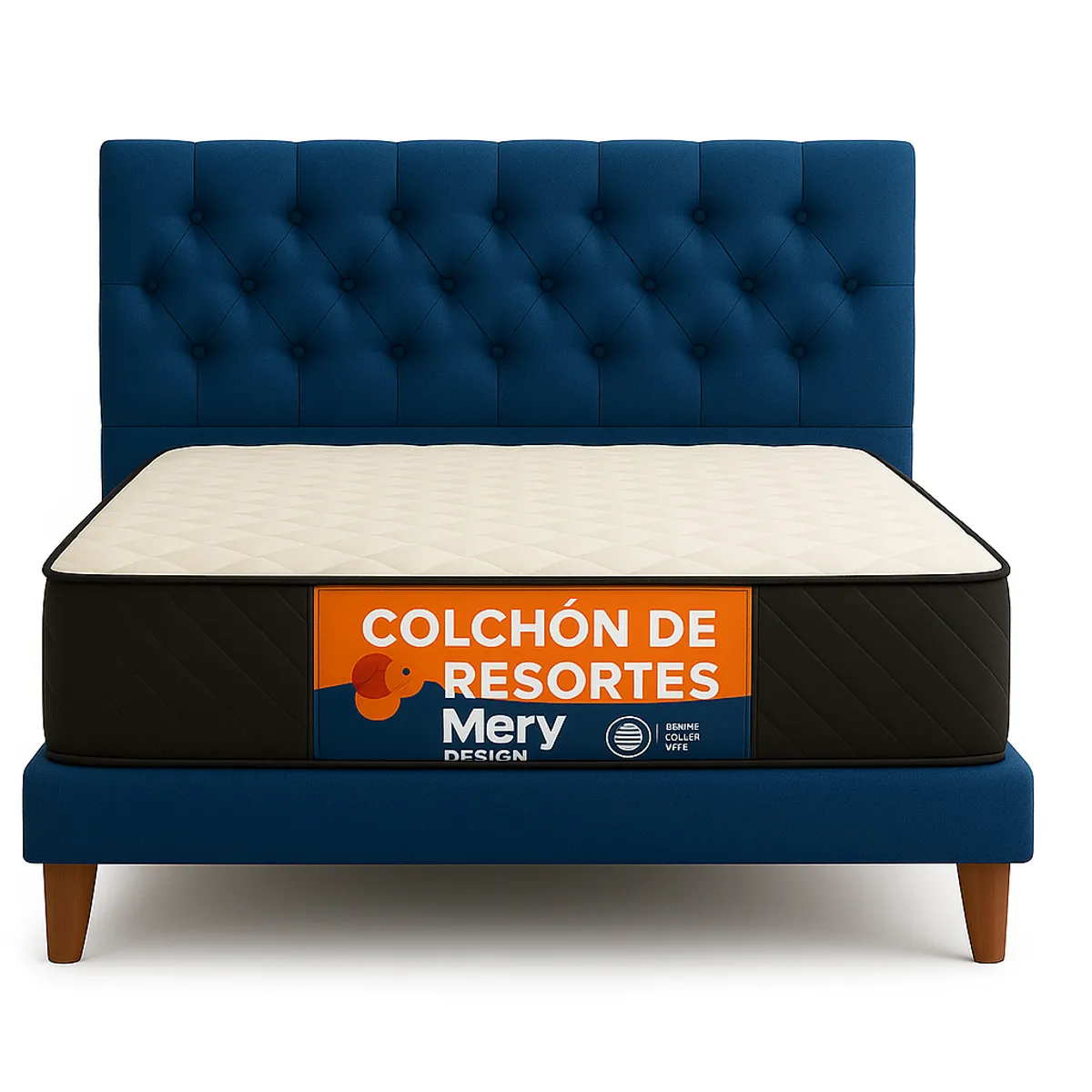 GENERICO - Cama Plaza y Media Azul Capitone + Colchon Mery Desing