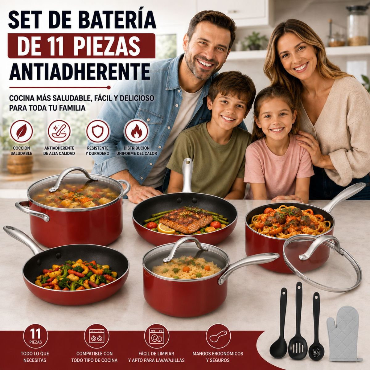 MOVI - Set 11 Piezas Antiadherente – Apta para todo tipo de Cocina.