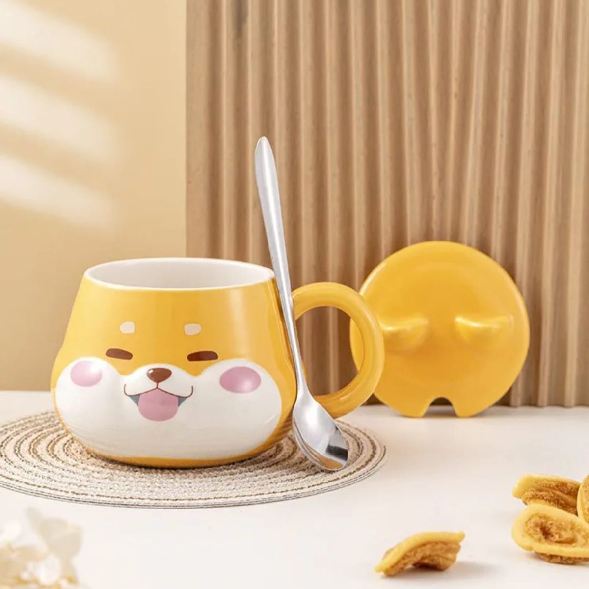 GENERICO - Taza Tazon Mug  Shiba Inu Con Tapa + Cuchara 3D