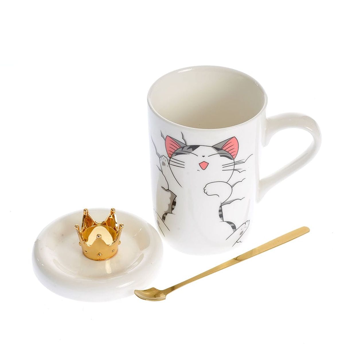 GENERICO - Taza Tazon Mug  Gata Shi  Con Tapa Corona + Cuchara