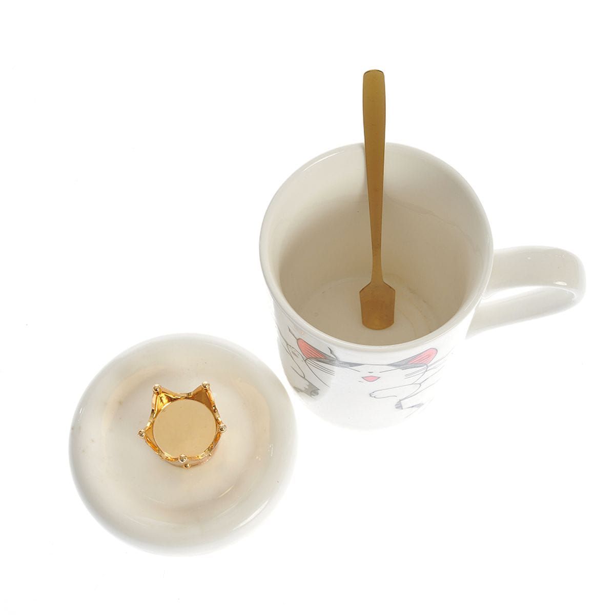 GENERICO - Taza Tazon Mug  Gata Shi  Con Tapa Corona + Cuchara