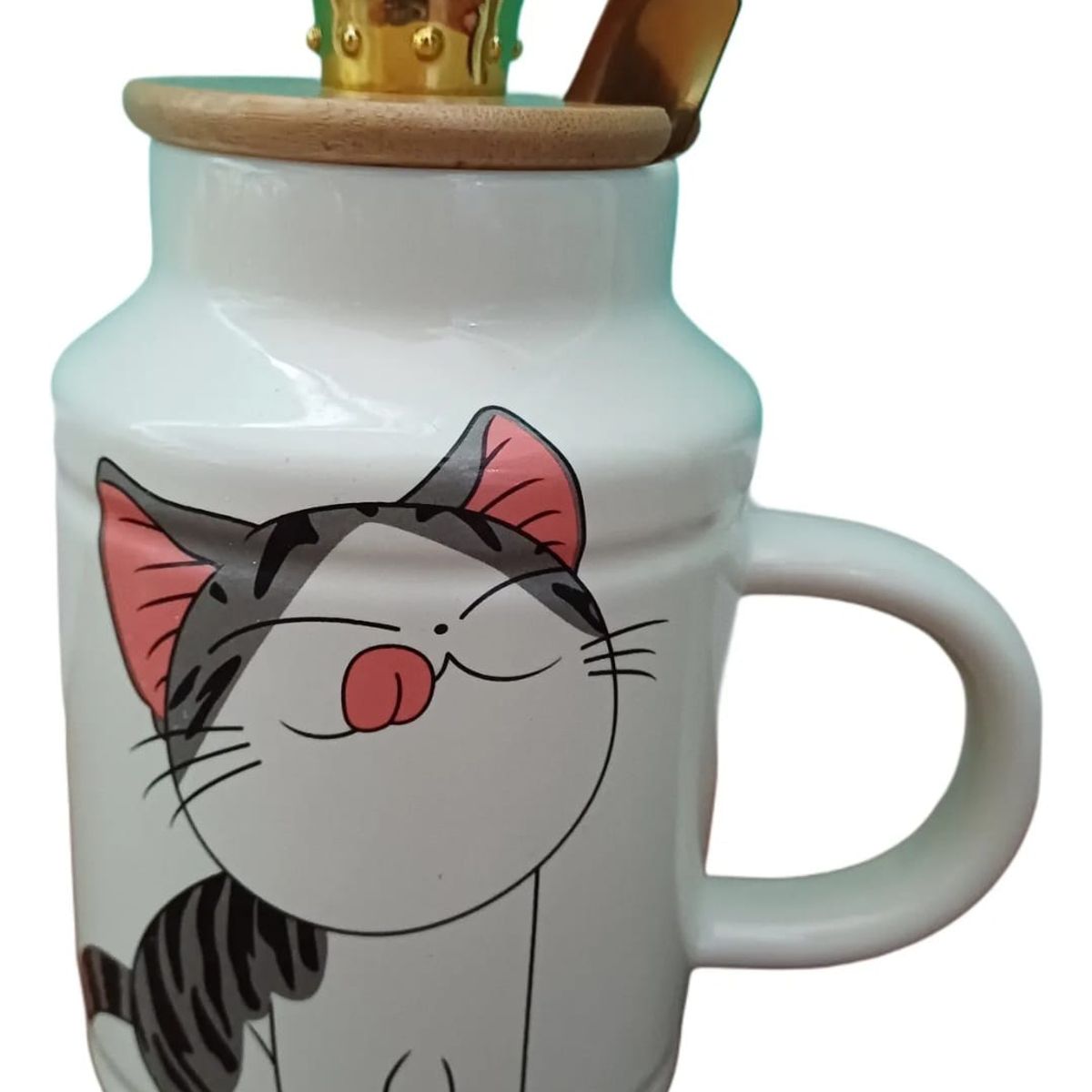 GENERICO - Taza Tazon Mug  Gata Shi  Con Tapa Corona  y Cuchara